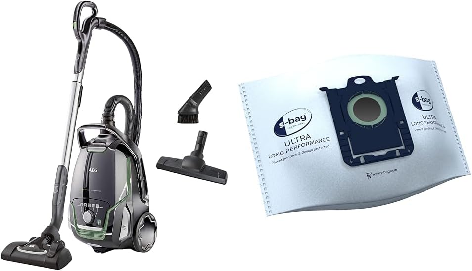 AEG Staubsauger, 5 Liter, Schwarz/Silber, VX9-2-ÖKO mit Beutel & GR210S s-Bag Ultra Long Performance, Volumen, weiß)