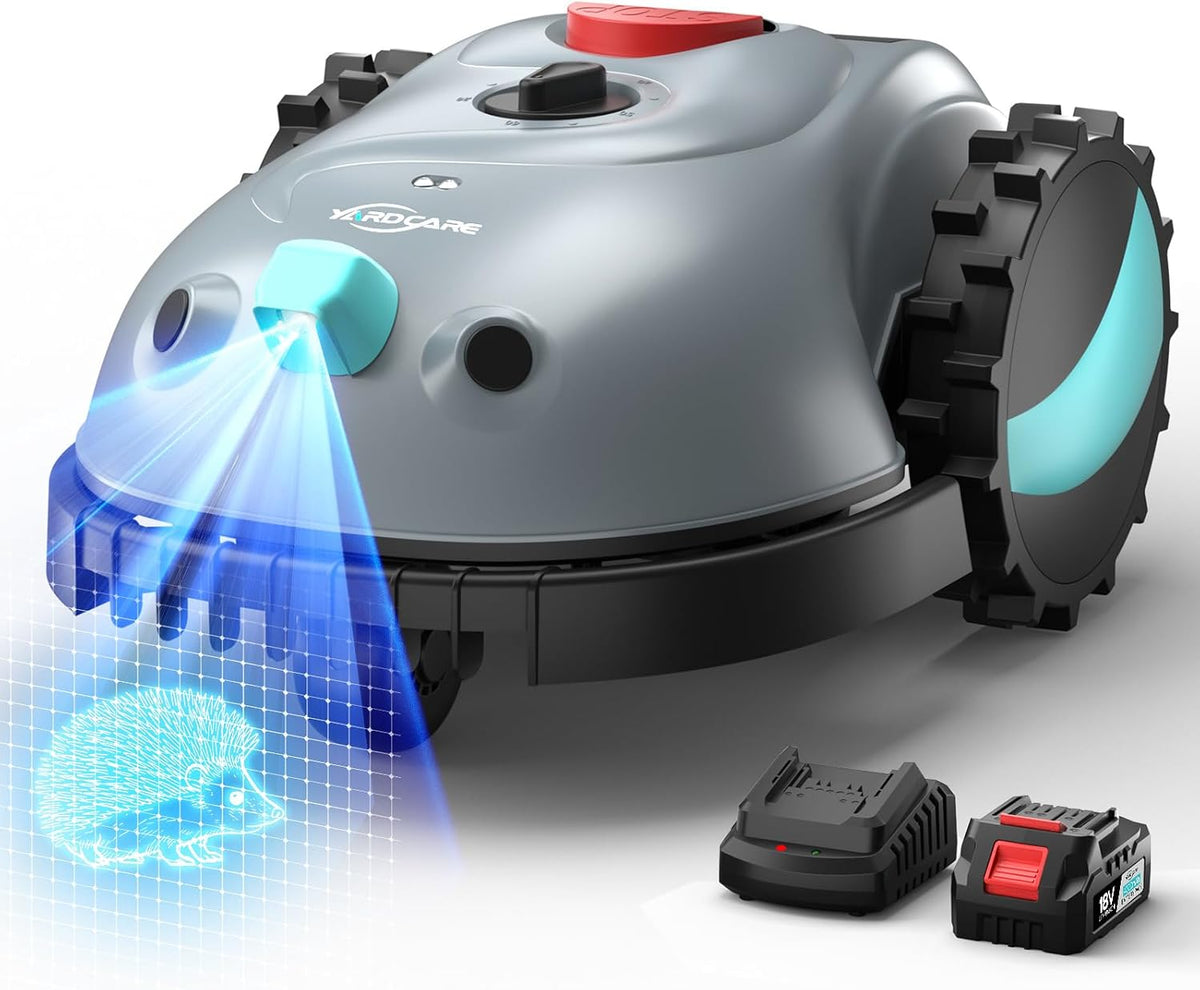 YARDCARE Mähroboter, 4 Ah, Grau/Schwarz/Türkis, V100 ohne Begrenzungskabel Rasenroboter mit Kamera, Hindernisvermeidung