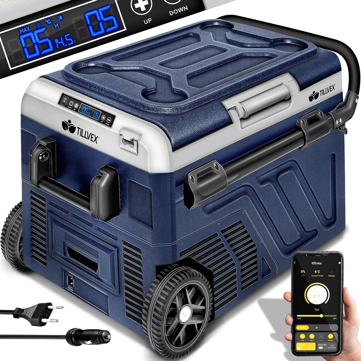 tillvex Kühlschrank, 60 Liter, 50 Liter, 24 V, 230 V, Navyblau/Schwarz, ® Kompressor Kühlbox elektrisch 40-, bis -20 °C für Auto