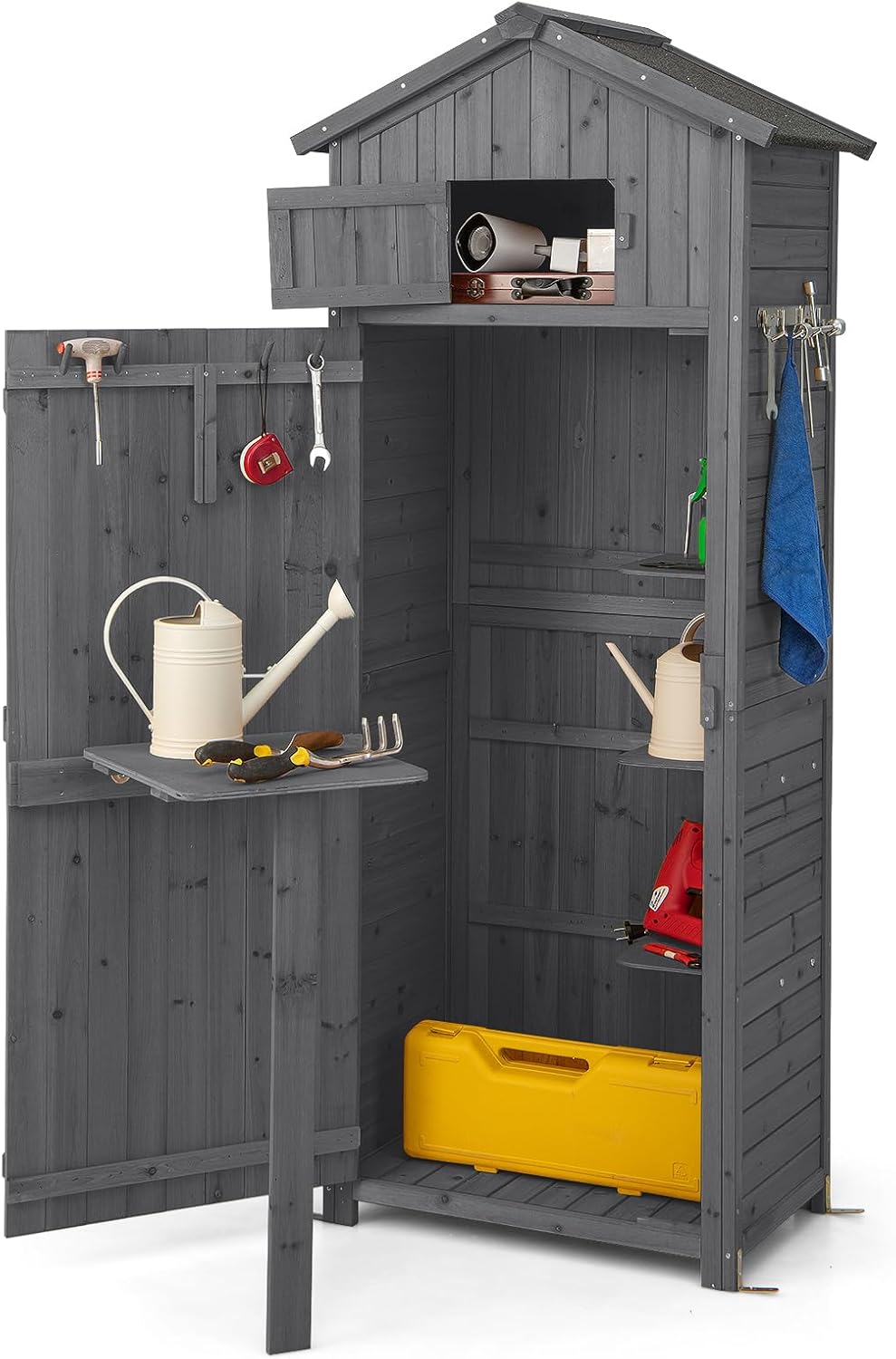 GOPLUS Gerätehaus, 70 x 35,5 x 176 cm, Grau, Gartenschrank Holz, Gartenhaus Outdoor wetterfest, Geräteschuppen mit Tür