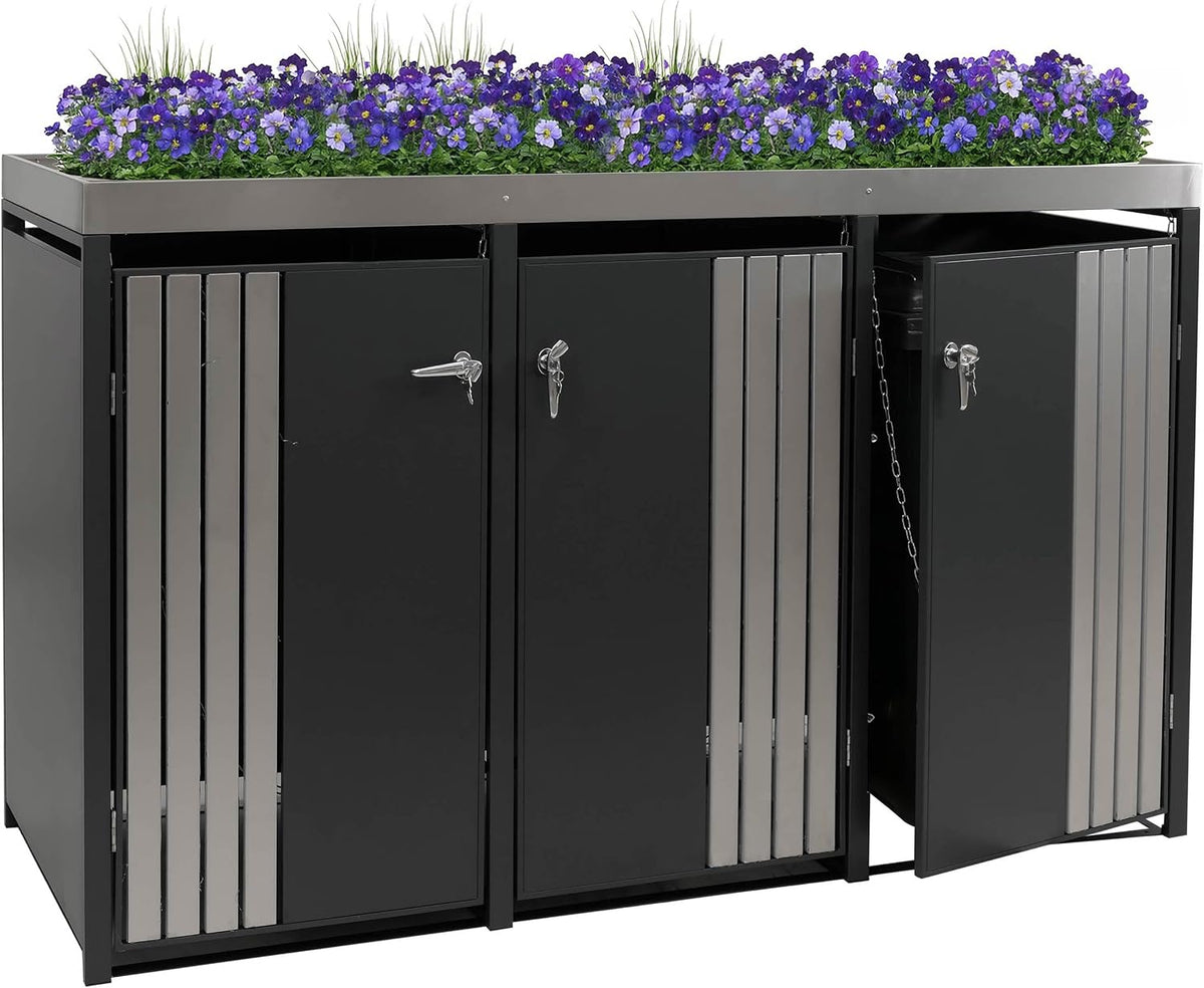Mendler Mülltonnenbox, 125x196x84 cm, 75 kg, Anthrazit/Silber, 3er-Mülltonnenverkleidung HWC-O67, mit Pflanzkasten
