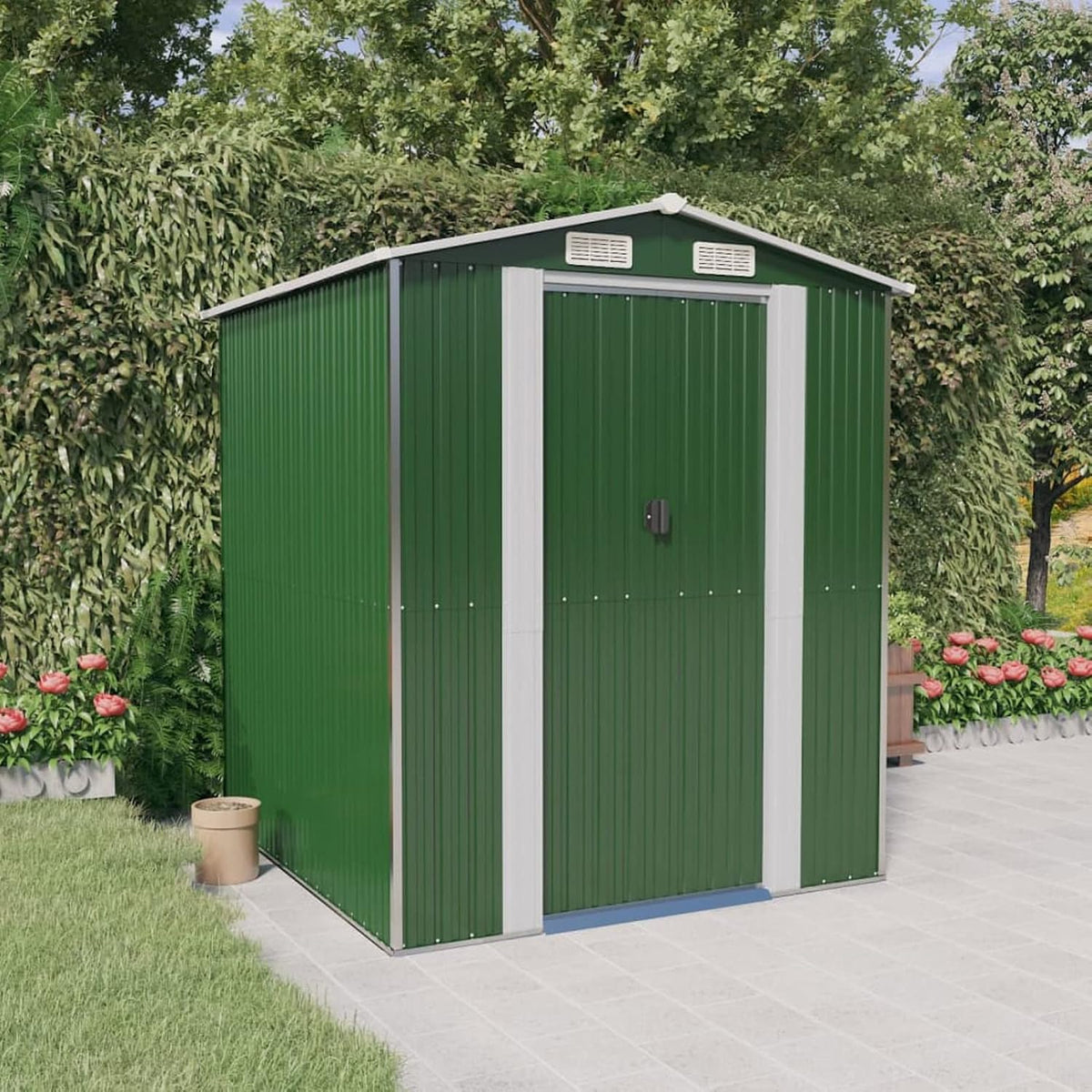 Gerätehaus Xichuzi, 192x191x223 cm, Verzinkter Stahl, Grün/Grau, Geräteschuppen, Fahrradgarage, Gartenhütte, Fahrradunterstand