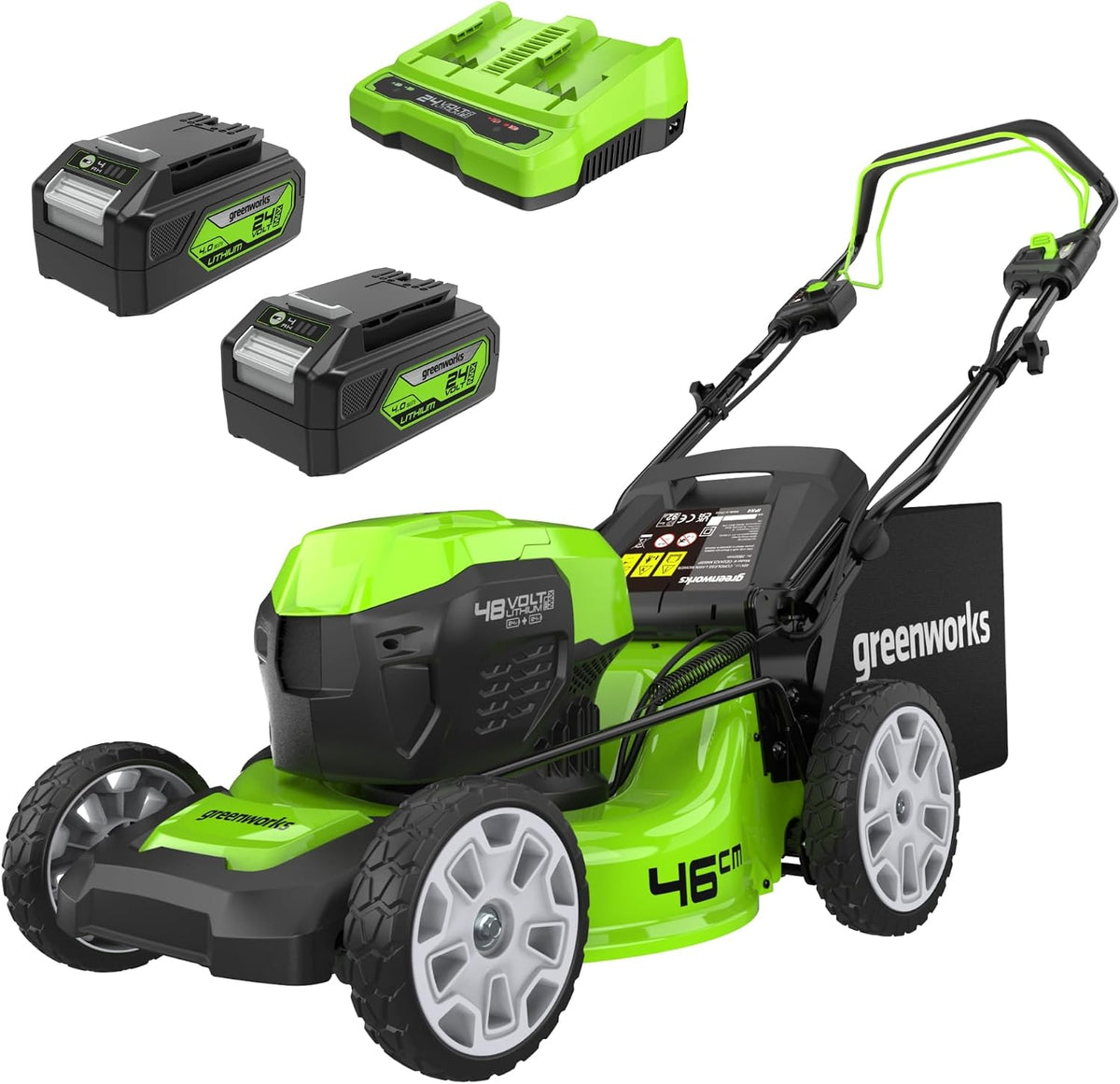Greenworks Rasenmäher, 480m, 46 cm, 48 V, 24 V, Grün/Schwarz, Selbstfahrender Akku ( x 2) bis zu ², Schnittbreite