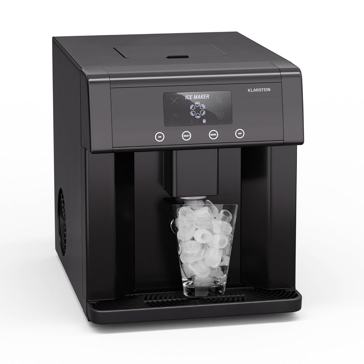 Klarstein Eiswürfelmaschine, 15 kg, Schwarz, Edelstahl-Eiswürfelbereiter, 3 Eiswürfelgrößen, /24 h, Touch-Display