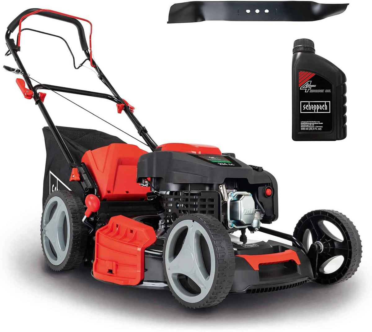 Scheppach Rasenmäher, 53 cm, 65 L, Rot/Schwarz, Benzin MS225-53 mit Radantrieb, Schnittbreite, Fangbox, Höhenverstellung 7 Stufen