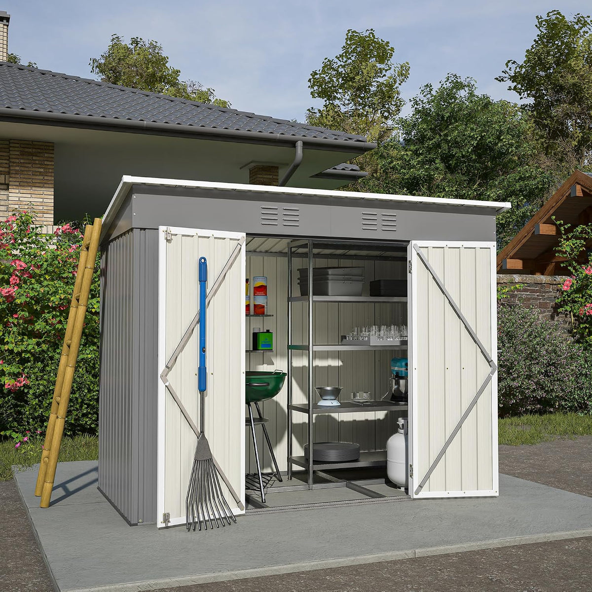 LANTRO JS Gerätehaus, 242x126x182 cm, 6m, Grau/Weiß, Metall ³, Garten Schuppen mit Klapptür, Gartenhütte Blech für Werkzeugaufbewahrung
