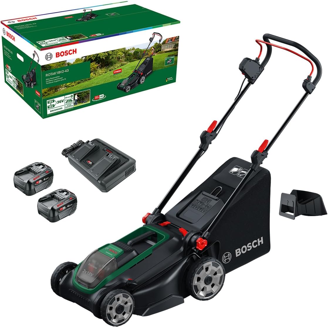 Bosch Rasenmäher, 43 cm, 75 mm, 40 l, 18 V, Schwarz/Grün, Akku- ROTAK 2-43 (Schnittbreite:, Schnitthöhe: 30-, Stoff-Grasfangkorb