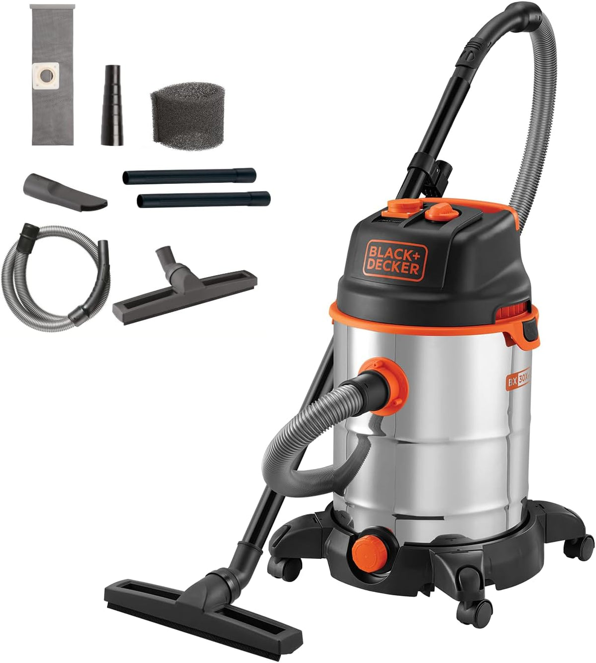 BLACK+DECKER Elektrowerkzeug, 30 Liter, 1600 W, Schwarz/Silber/Orange, Nass und Trockensauger BXVC30XTDE mit Integrierte Steckdose