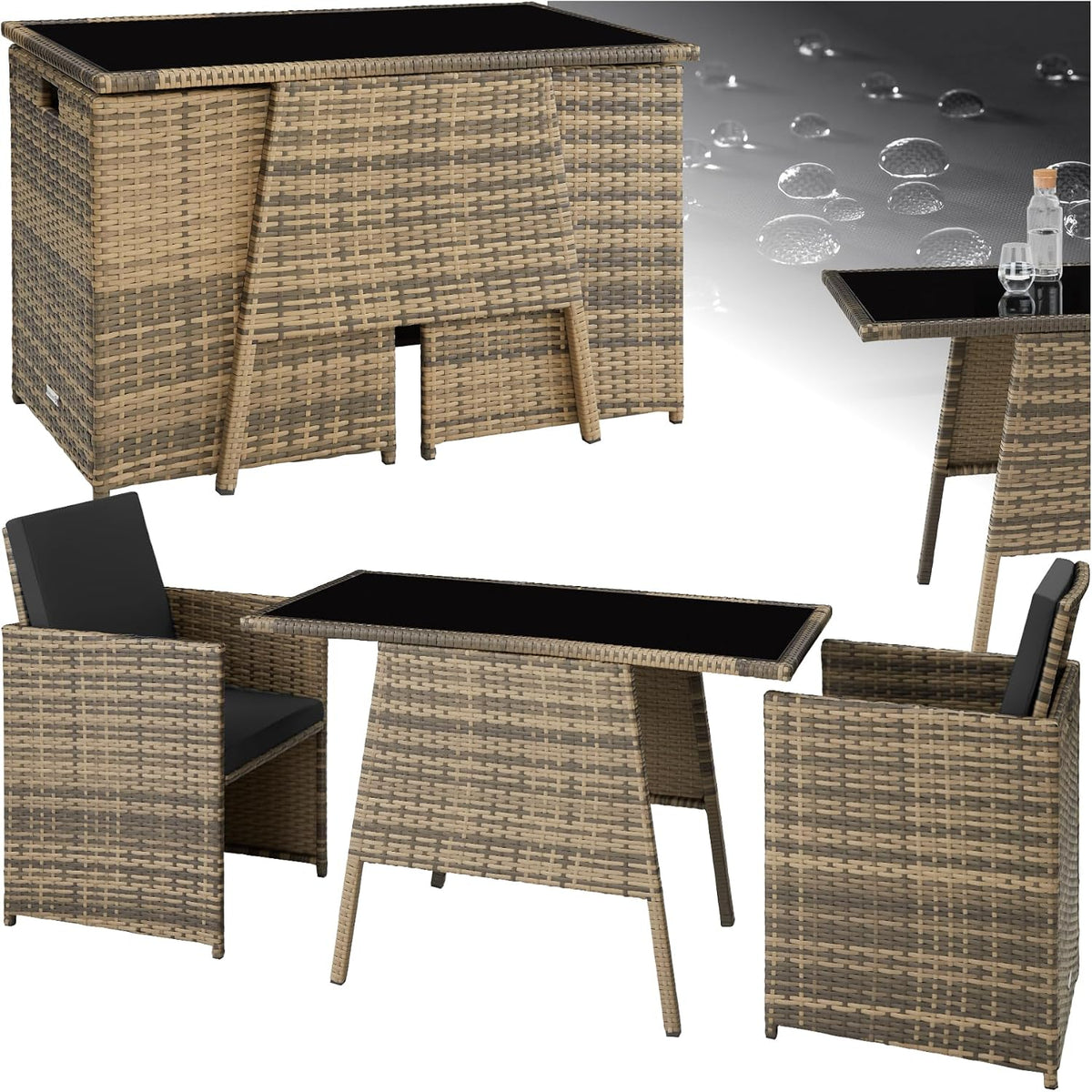 Gartenmöbel-Set tectake, Pulverbeschichteter Stahl, Polyethylen, Polyester, Glas, Natur/Schwarz