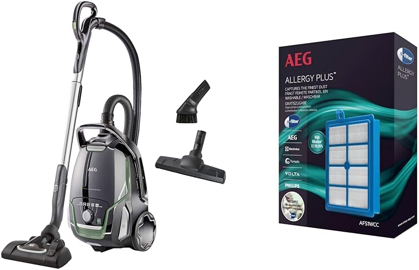 AEG Staubsauger, 65 dB, 12 m, 5 l, Schwarz/Grün, VX9-2-ÖKO / / 850 Watt/nur (A) / / & AFS1 W Allergy Plus, Filterwirkung mehr als 99%