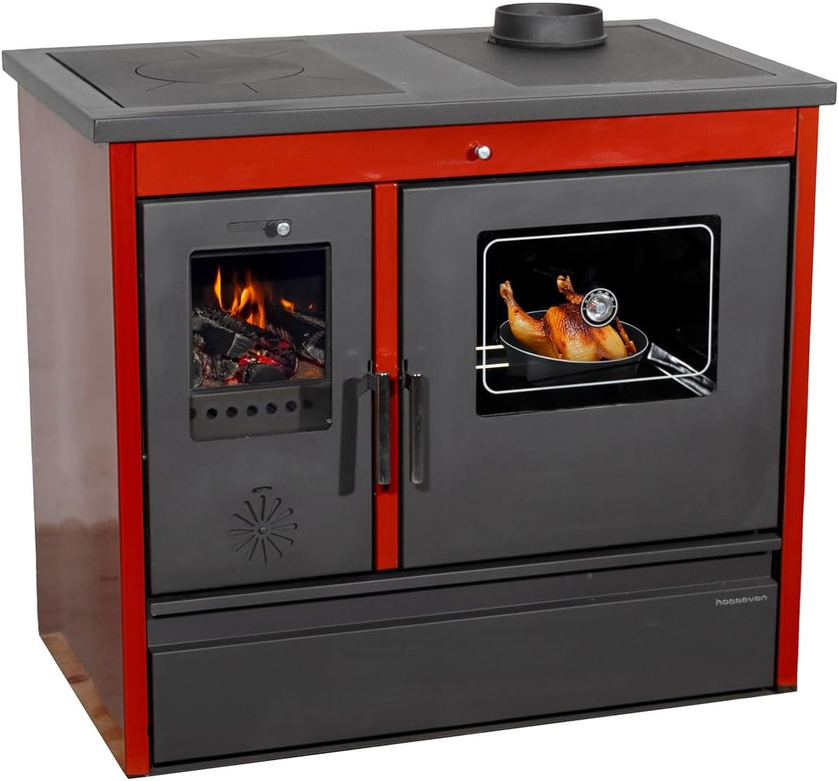 Hosseven Kaminofen, 11 kW, Rot/Grau, mit Backfach und Herdplatte 4050 Lotus Classic Rot Holzofen