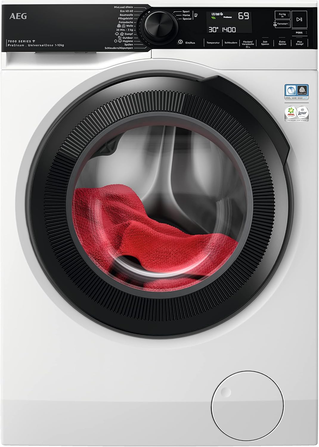 AEG Waschmaschine, 10.0 kg, Weiß/Schwarz, LR7E75400 / WiFi / UniversalDose Schublade / ProSteam