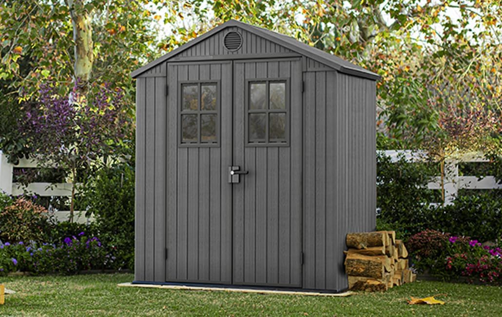 Keter Gerätehaus, 190x122x221 cm, Grau, Darwin Gartenhaus 6x4, wetterfest aus Kunststoff mit Holzoptik, abschließbares
