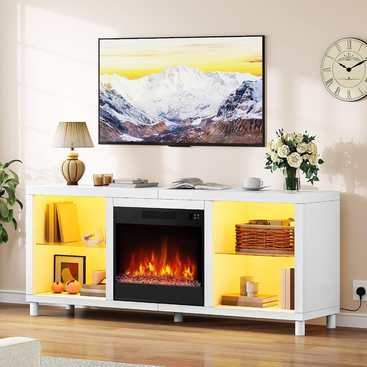 YITAHOME Elektrokamin, 148 cm, 1800 W, Weiß/Schwarz, TV Schrank mit, Elektrischer Kamin mit Heizung, LED 3D-Flammeneffekt