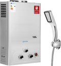 BreeRainz Gasdurchlauferhitzer, 0,2 bar, 32KW, 16 L, Silber, Gas Durchlauferhitzer mit Duschkopf, LPG Propan Butan Warmwasserbereiter