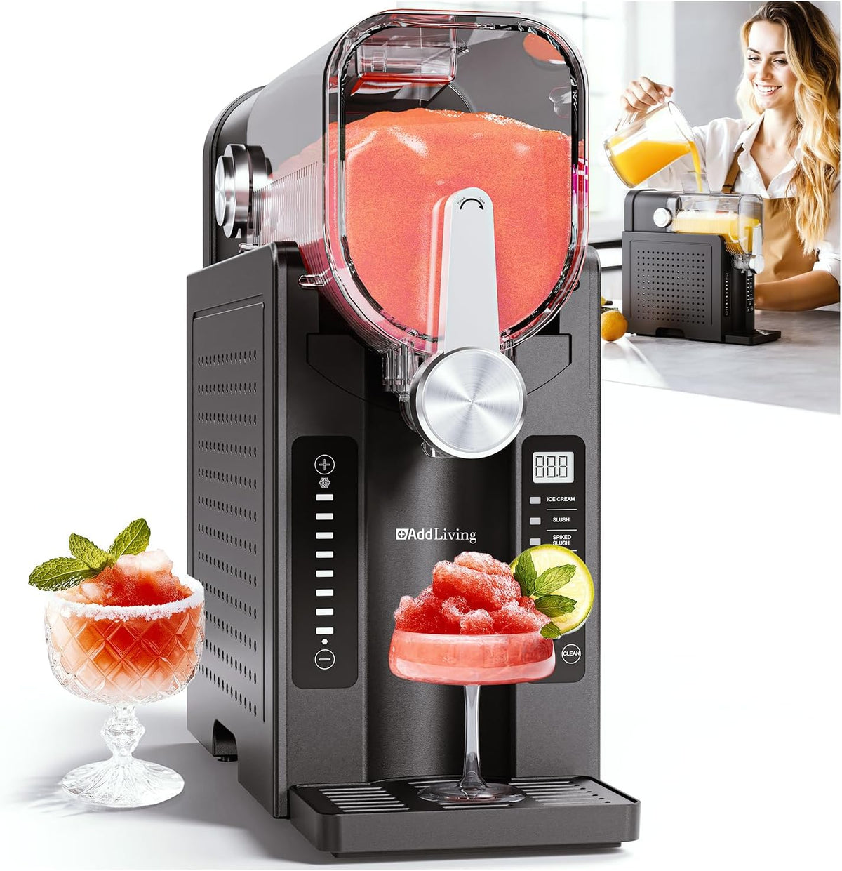 AddLiving Eismaschine, 2,6 L, Schwarz/Silber, SLUSH Maschine für Zuhause, Slushy Maker & mit 6 Programmen, Slush Eis Maschine für Cocktails