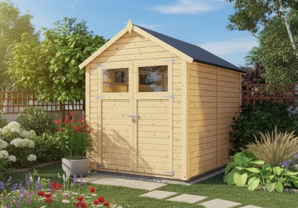 Alpholz Gerätehaus, 202 x 191 cm, 14 mm, Holzfarben/Schwarz, Alisha aus Fichten-Holz, Gartenhaus mit Wandstärke