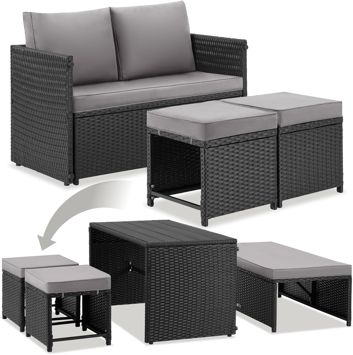 Sofa TecTake, pulverbeschichteter Stahl, Polyethylen, 100 % Polyester, Polypropylen, Edelstahl, Schwarz/Grau