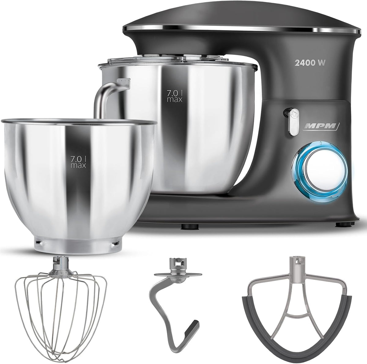 MPM Universalküchenmaschinen, 2400 W, 7l, Schwarz/Silber, Planetarische Küchenmaschine MRK-23 - Multifunktional Mixer