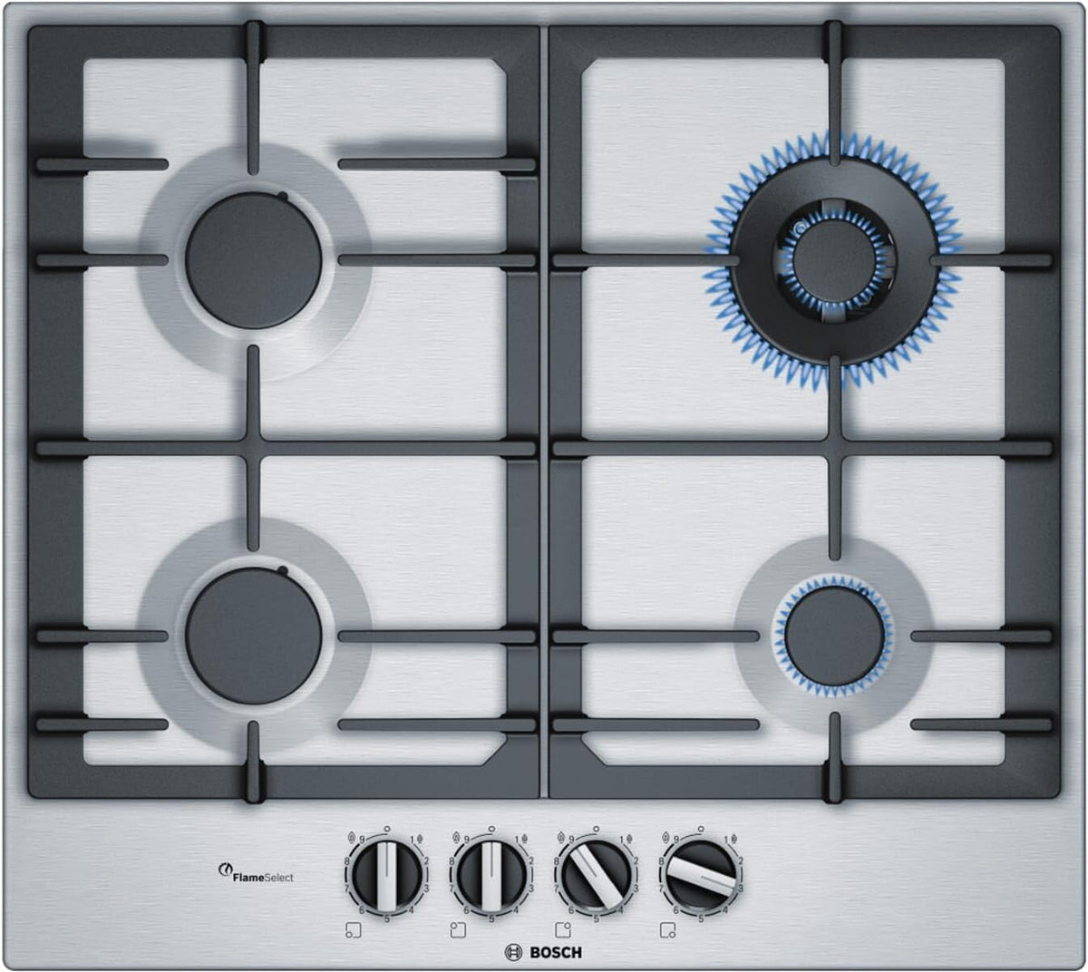 Bosch Kochfeld, 60 cm, Silber/Schwarz, PCH6A5C90D Serie 6 Gas (autark), breit, FlameSelect 9 Leistungsstufen, 1-Hand-Zündung durch drücken und drehen