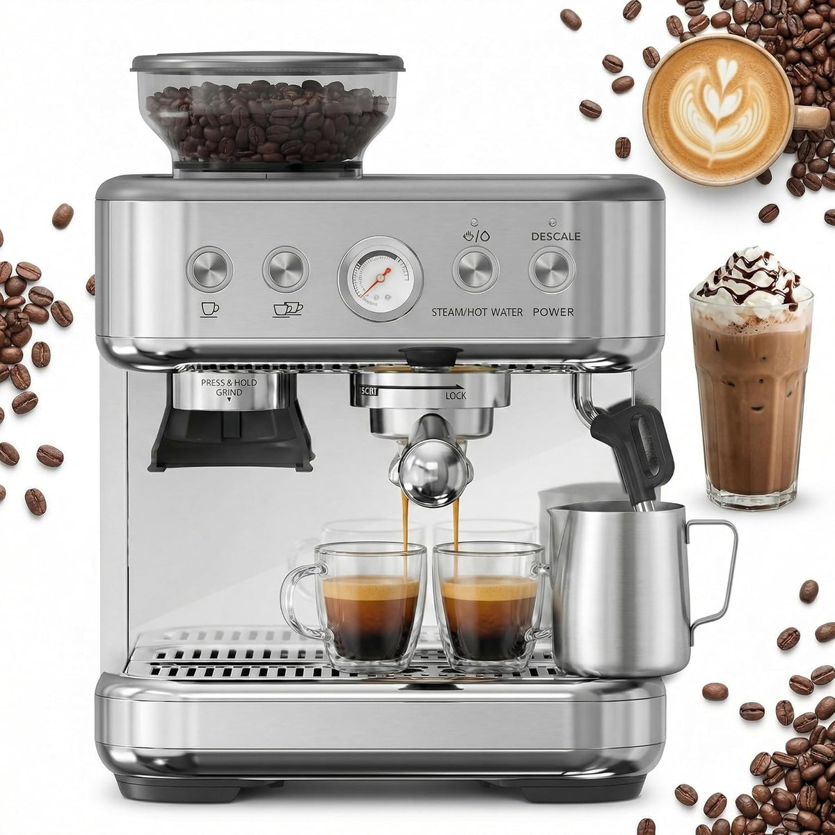 RBFGYIOP Kaffeemaschine, 15 Bar, 1350 W, 2,3 L, Silber, Siebträgermaschine Mit Mahlwerk & Druck, Espressomaschine Mit 15 Mahlgraden