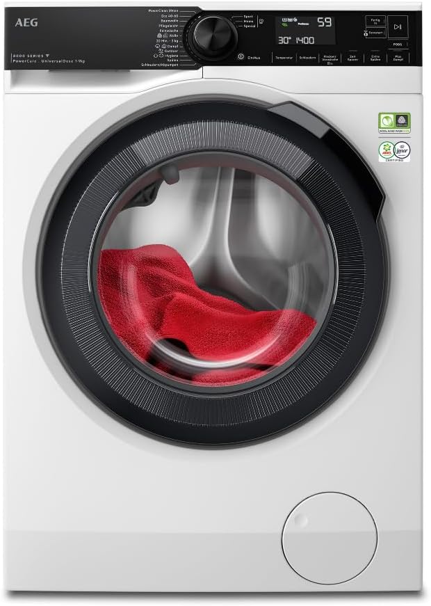 AEG Waschmaschine, 9,0 kg, Weiß/Schwarz, WiFi, Serie 8000 mit PowerCare-Faserschutz, UniversalDose Schublade, ProSteam® - Auffrischfunktion