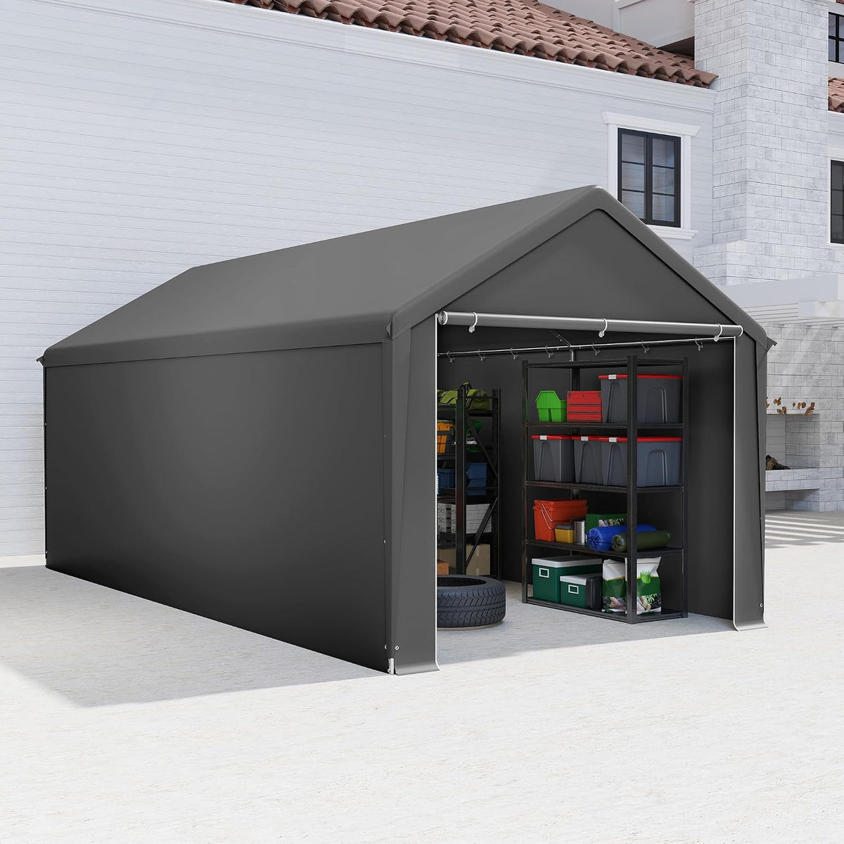 AufuN Carports, Grau, Carport Zeltgarage 3x6m, Wasserdichtes Lagerzelt mit PE-Dach, Reißenresistenter Garagenzelt mit abnehmbaren Seitenwänden