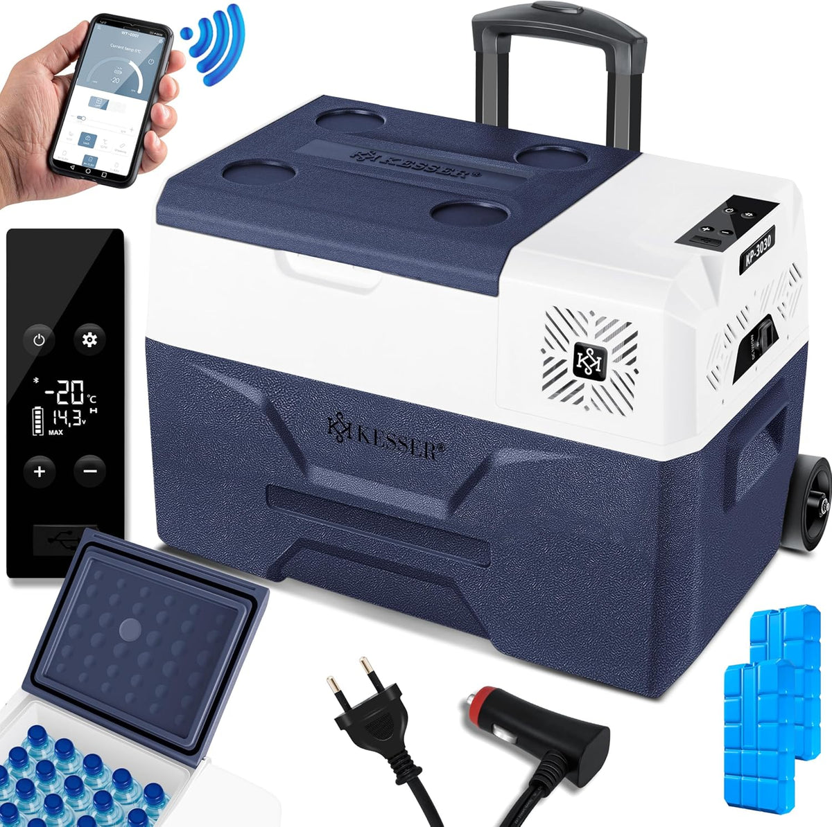 KESSER Kühlschrank, 30 Liter, 24 V, 230 V, Blau/Weiß, ® Kompressor Kühlbox elektrisch Gefrierbox, Mit APP-Steuerung USB-Anschluss 12/