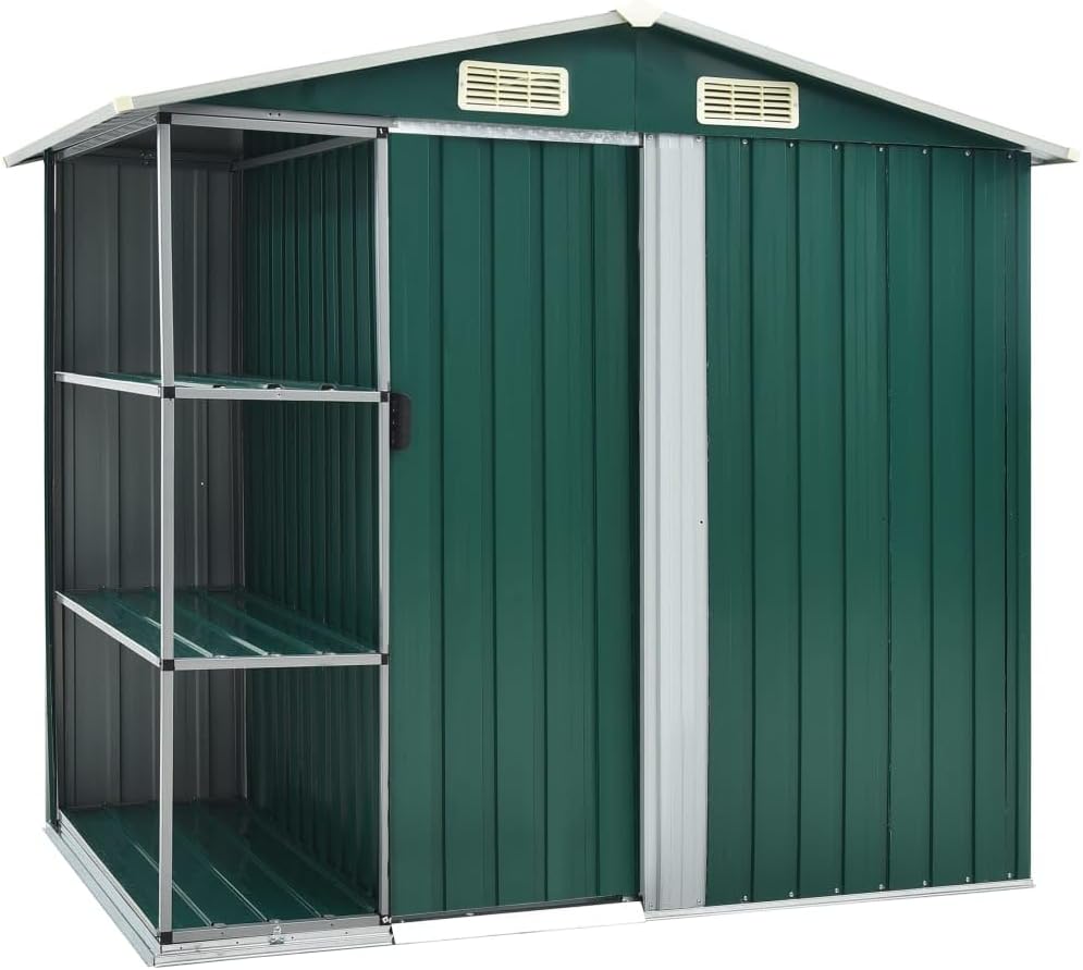 Emmtore Gerätehaus, 205x130x183 cm, 4 L, Verzinktes Eisen, Kunststoff, Grün/Silber