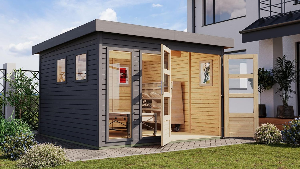 Chillroi Gerätehaus, Grau/Holz, Karibu Gartenhaus Pentus aus nordischer Fichte Verschiedene, lichtdurchflutetes Design mit Flachdach (terragrau