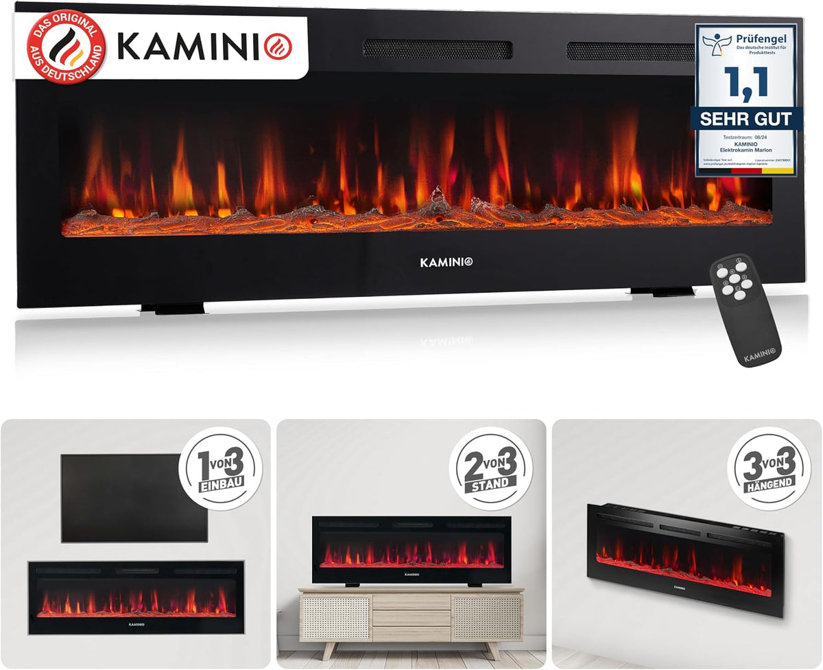 KAMINIO Elektrokamin, 60 Zoll, Schwarz, Marlon - Elektrischer 3-in-1 Kamin mit Heizung, 3D-Flammeneffekt, 12 Flammenfarben