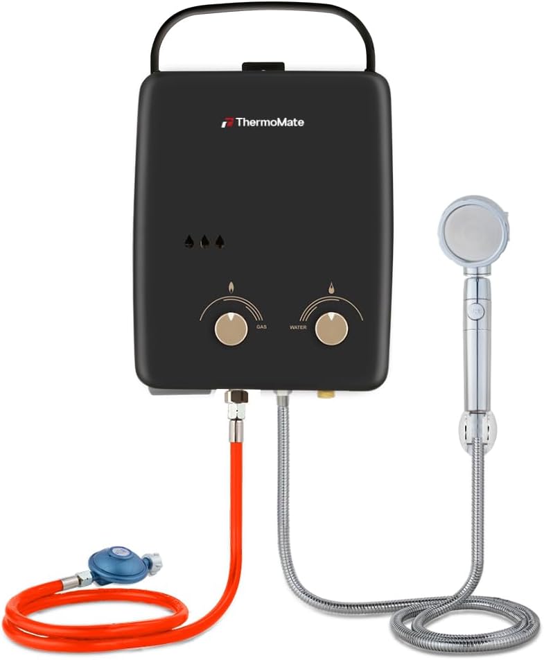 thermomate Gasdurchlauferhitzer, 5 L, Schwarz/Rot/Silber, Gas-Wassererhitzer, AZ132B-DE Tragbarer Propan-Wassererhitzer