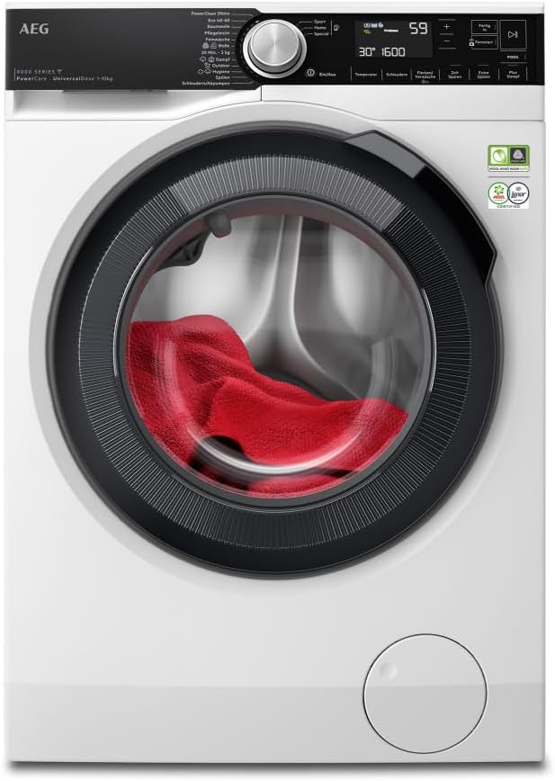 AEG Waschmaschine, 10 kg, 8 kg, Weiß/Schwarz, PowerCare: Vormisch-Technologie -in-59Min Waschen, Mengenautomatik
