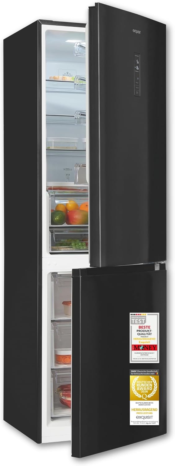 Exquisit Kühl-Gefrierkombination, 347 l, 39 dB, Schwarz, Nutzinhalt, EEK: C, No Frost, Schnellgefrieren, elektronische Temperaturregelung