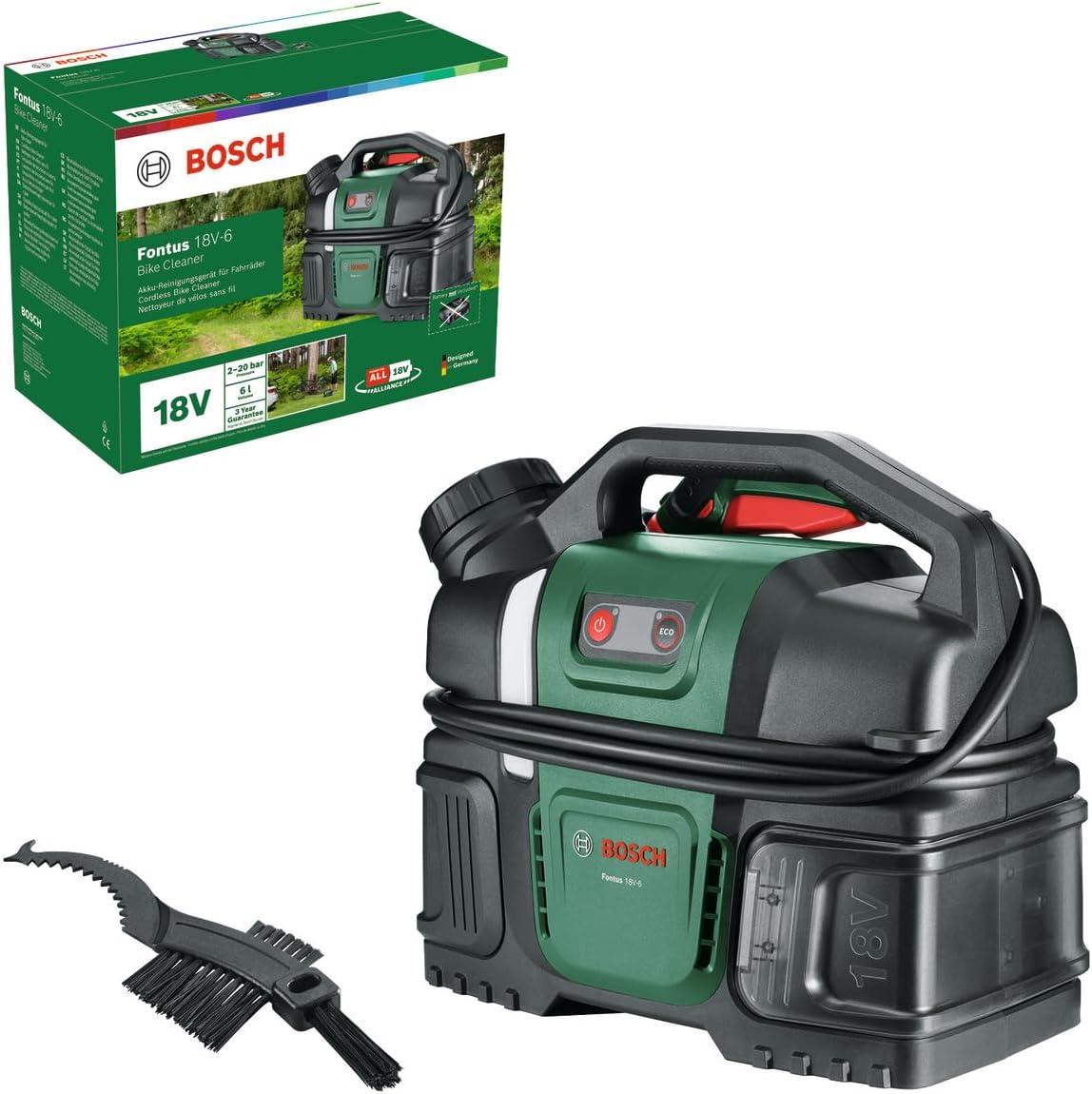 Bosch Hochdruckreiniger, 18 V, Schwarz/Grün/Rot, Akku-Druckreiniger Fontus -6 für Fahrräder (mobil, mini, 6-Liter-Wassertank