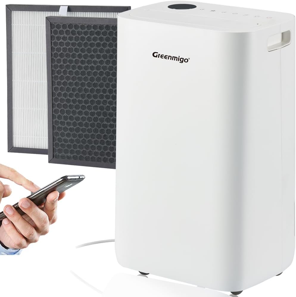 Greenmigo Luftentfeuchter, 4.5 L, 25 L, 70m, Weiß/Schwarz, WiFi mit Fernsteuerung, Ionisator, HEPA-Filter, Aktivkohlefilter
