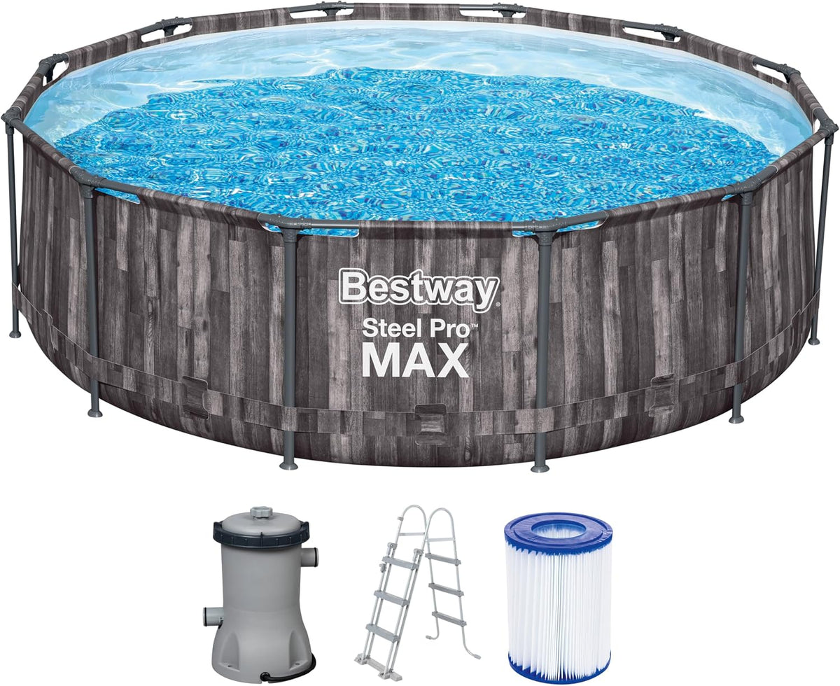 Bestway Stahlrahmenpool, Braun/Blau/Grau, Steel Pro MAX Frame Pool-Set mit Filterpumpe Ø 366 x 100 cm, Holz-Optik (Mooreiche)