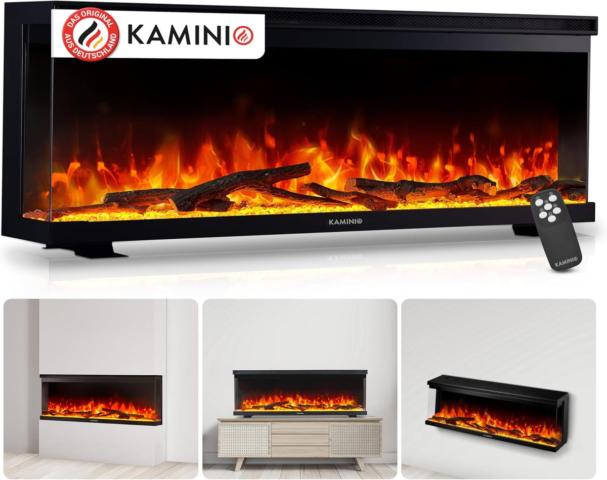 KAMINIO Elektrokamin, 50 Zoll, schwarz, LEA - Elektrischer 3-in-1 Kamin mit Panoramaview, Heizung, 3D-Flammeneffekt