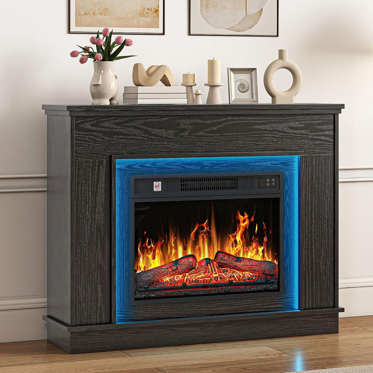 TAUS Elektrokamin, Schwarz/Blau, mit Heizung, Elektro Kamin mit LED 3D-Flammeneffekt Elektrischer Kamin, Timer