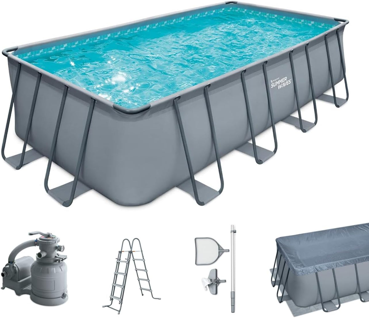 Summer Waves Stahlrahmenpool, 549x274x132 cm, Grau, Frame Pool Komplettset, Rechteckig, Aufstellpool Set, Bodenvlies