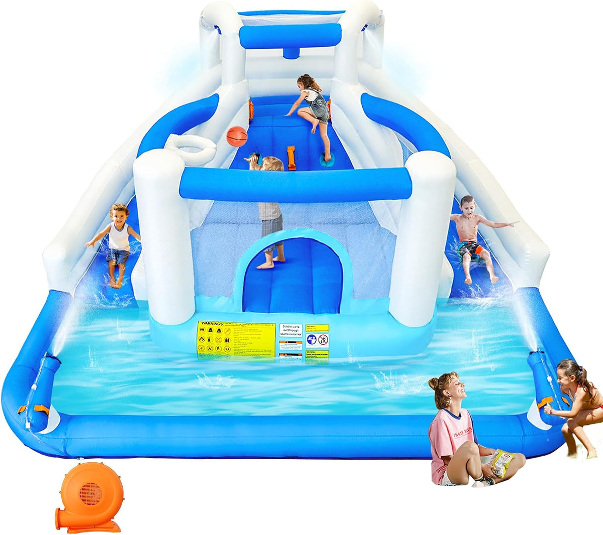 DIYJOTOFUN Hüpfburgen, Blau/Weiß, Aufblasbarer Wasserspielpark Hüpfburg mit Wasserrutsche, geeignet für Garten und Party