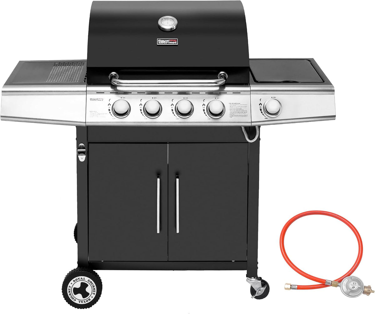 Royal Gourmet Gasgrill, 14,5 kW, Schwarz/Silber, 4+1 Brenner Grillwagen mit automatischer Zündung