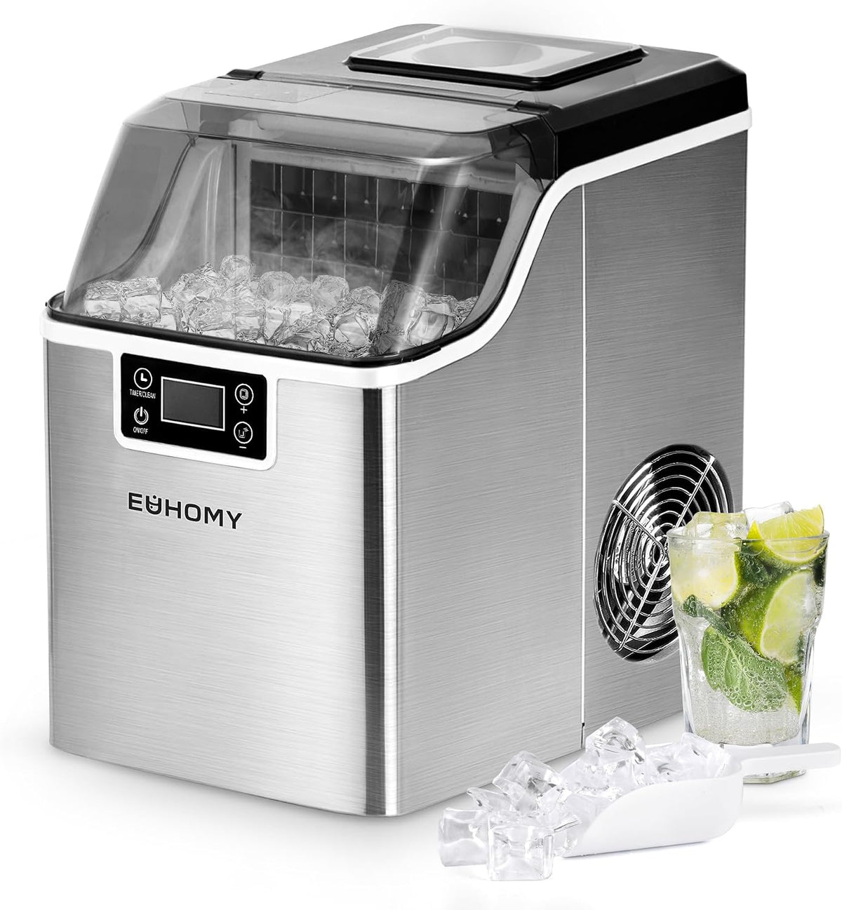 E EUHOMY Eiswürfelmaschine, 24 kg, 3,2 L, Silber/Schwarz, Edelstahl, 24 Eiswürfel in 13 Minuten, /24H gastro