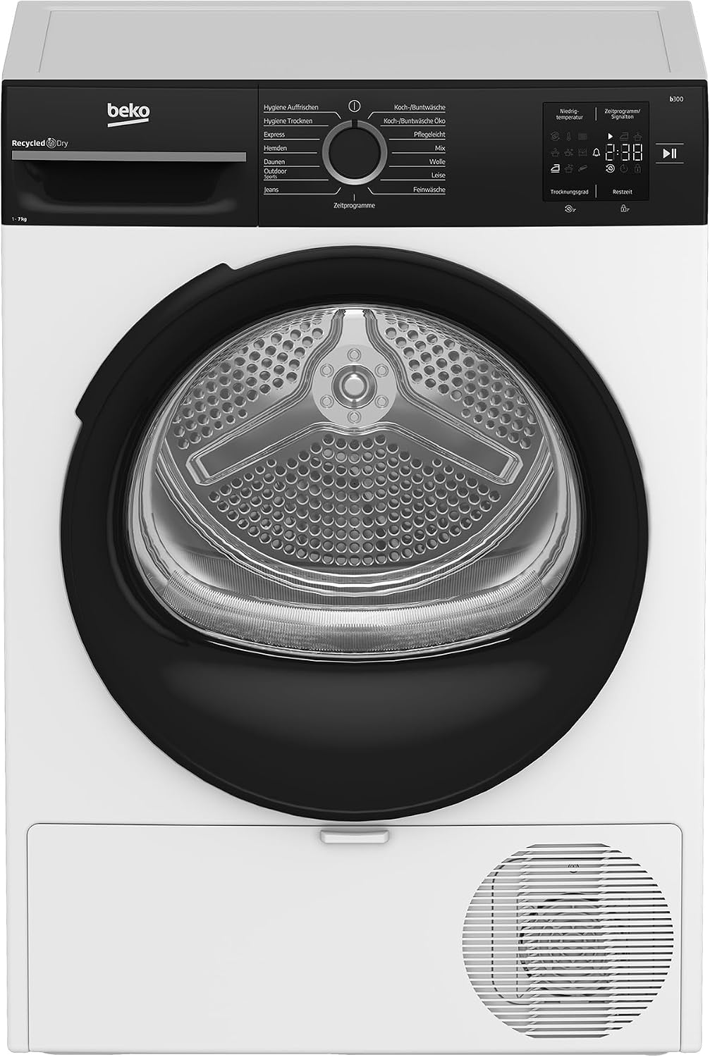 Beko Wärmepumpentrockner, 64 dB, 7 kg, Weiß/Schwarz, BM3T37240 W, Fassungsvermögen, 15 Programme, Schontrommel, Knitterschutz