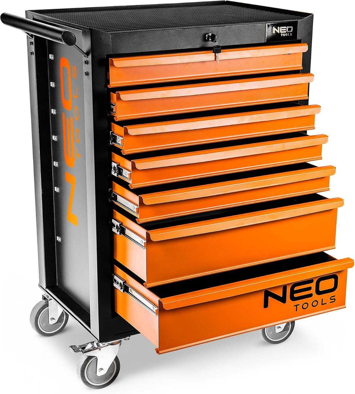 NEO TOOLS Werkzeugschränke, 280 kg, Schwarz/Orange, Werkzeugschrank 680x460x1030 mm, 7 Werkzeugschubladen, Belastbarkeit