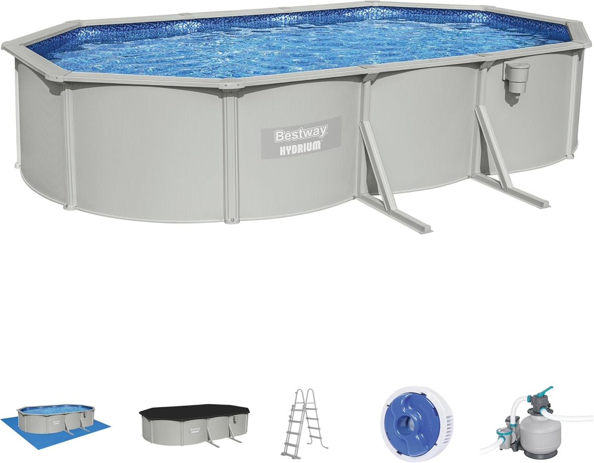 Bestway Stahlrahmenpool, 610 x 366 x 122 cm, Wasserkapazität (90%): 19.929 Liter, Innenverkleidung in Kieselmosaik-Optik, Grau/Blau