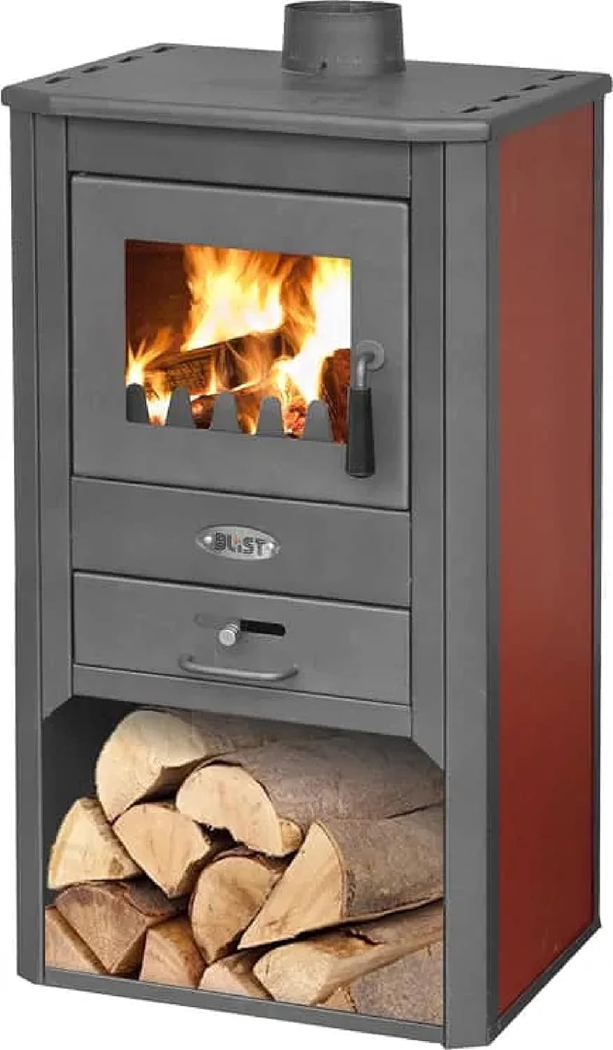 Blist Kaminofen, 9 kW, Grau/Bordeaux, Holzofen Farbe Bordeaux