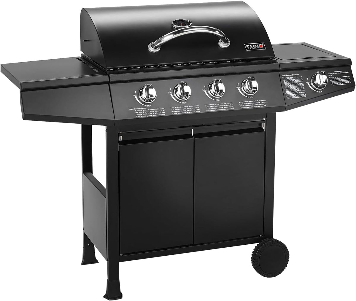 TAINO Gasgrill, Schwarz, BASIC 4+1 BBQ Grillwagen Edelstahl-Brenner + Seitenkocher