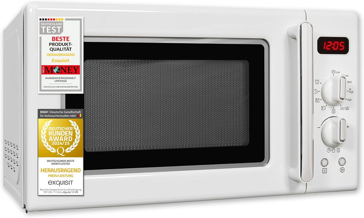 Exquisit Mikrowelle, 25,5 cm, 20 L, Weiß, Retro- 700 Watt, Drehteller, 1000 Watt Grill, 5 Leistungsstufen, Timer
