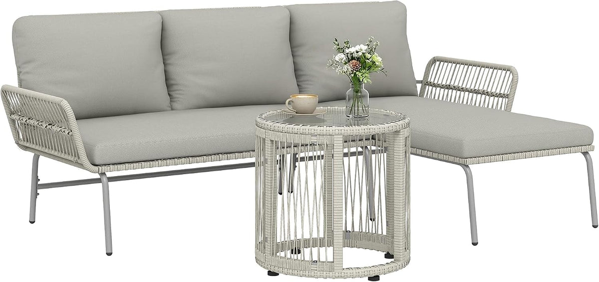 Gartenmöbel-Set Outsunny, Hellgrau, Polyrattan Gartenmöbel Set 3-teilig, Lounge Set mit Chaiselongue Zweisitzersofa Glastisch